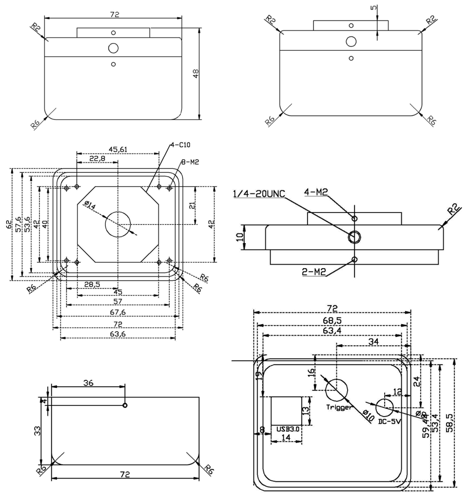 高解像度型VGA-InGaAs近赤外カメラ:外形図